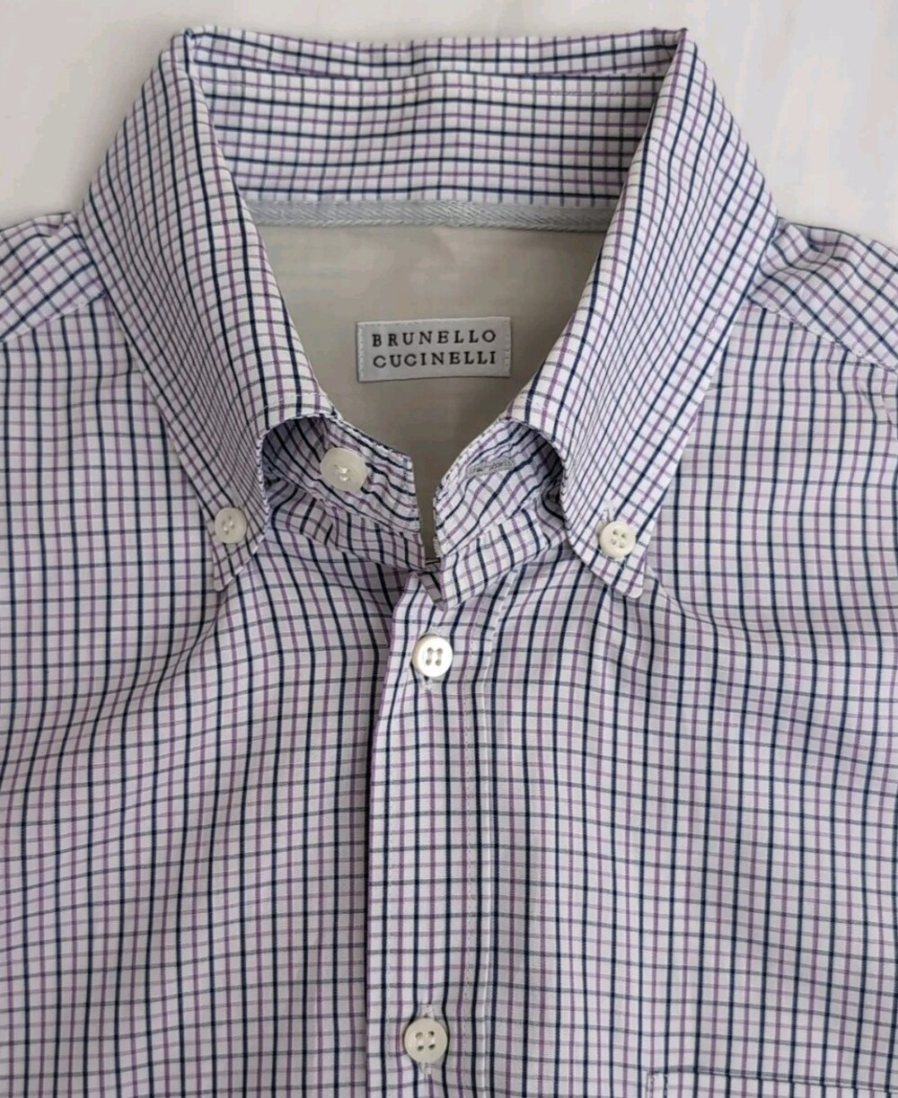 Brunello Cucinelli Men Button Up Long Sleeve Mini Check Dress Shirt Size Medium